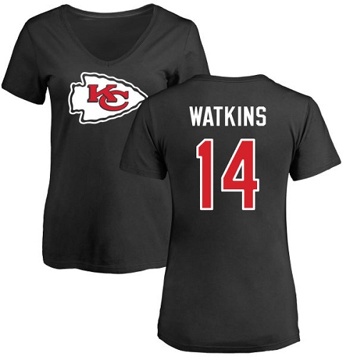 Women Football Kansas City Chiefs #14 Watkins Sammy Black Name and Number Logo Slim Fit T-Shirt